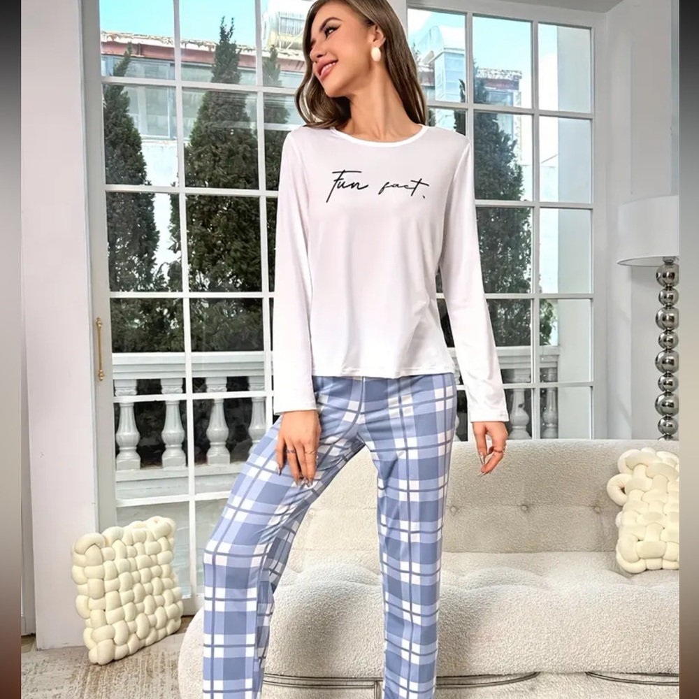 Casual Two-piece Set, Letter Print Crew Neck Long Top & Plaid Print Pants.‎ NWOT